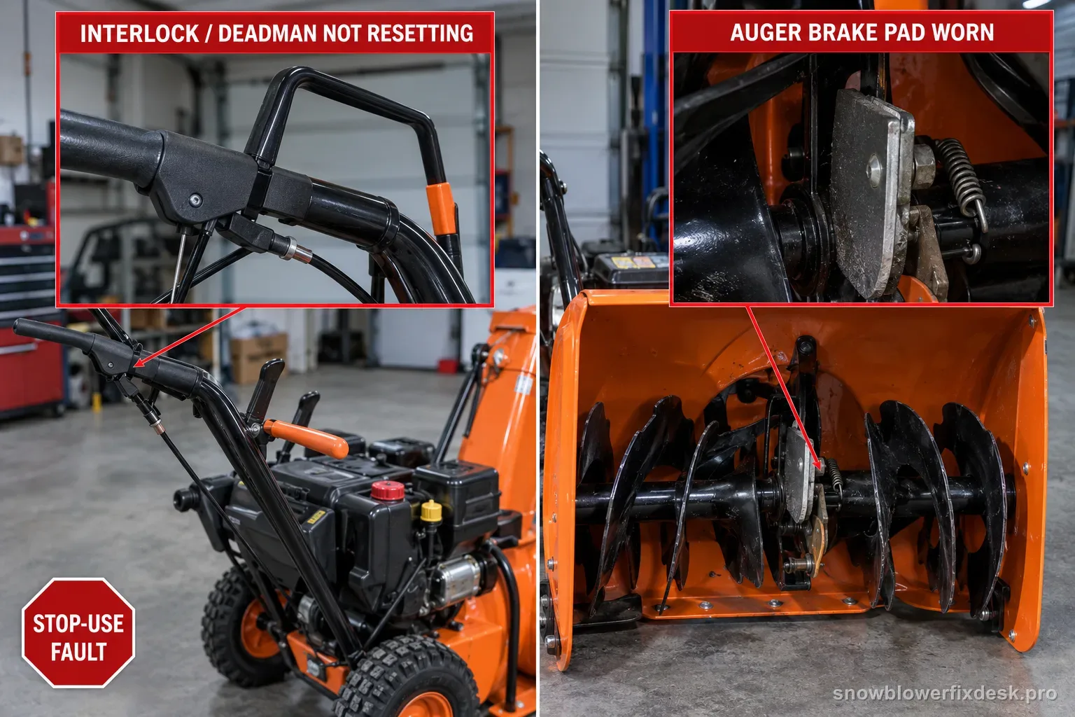 Annotated view of an orange two-stage snow blower split into two labelled branches, one for an interlock or deadman not resetting, one for a worn auger brake pad.