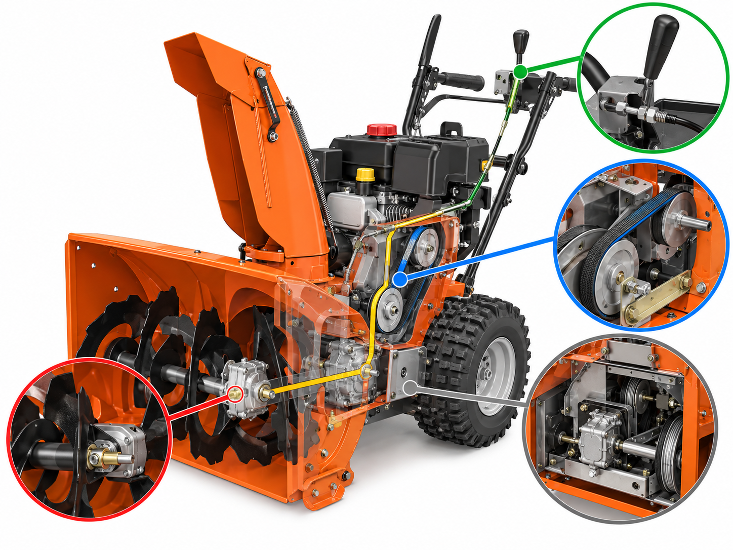 Auger drive-path illustration from the shear bolt and controls through belt service escalation.