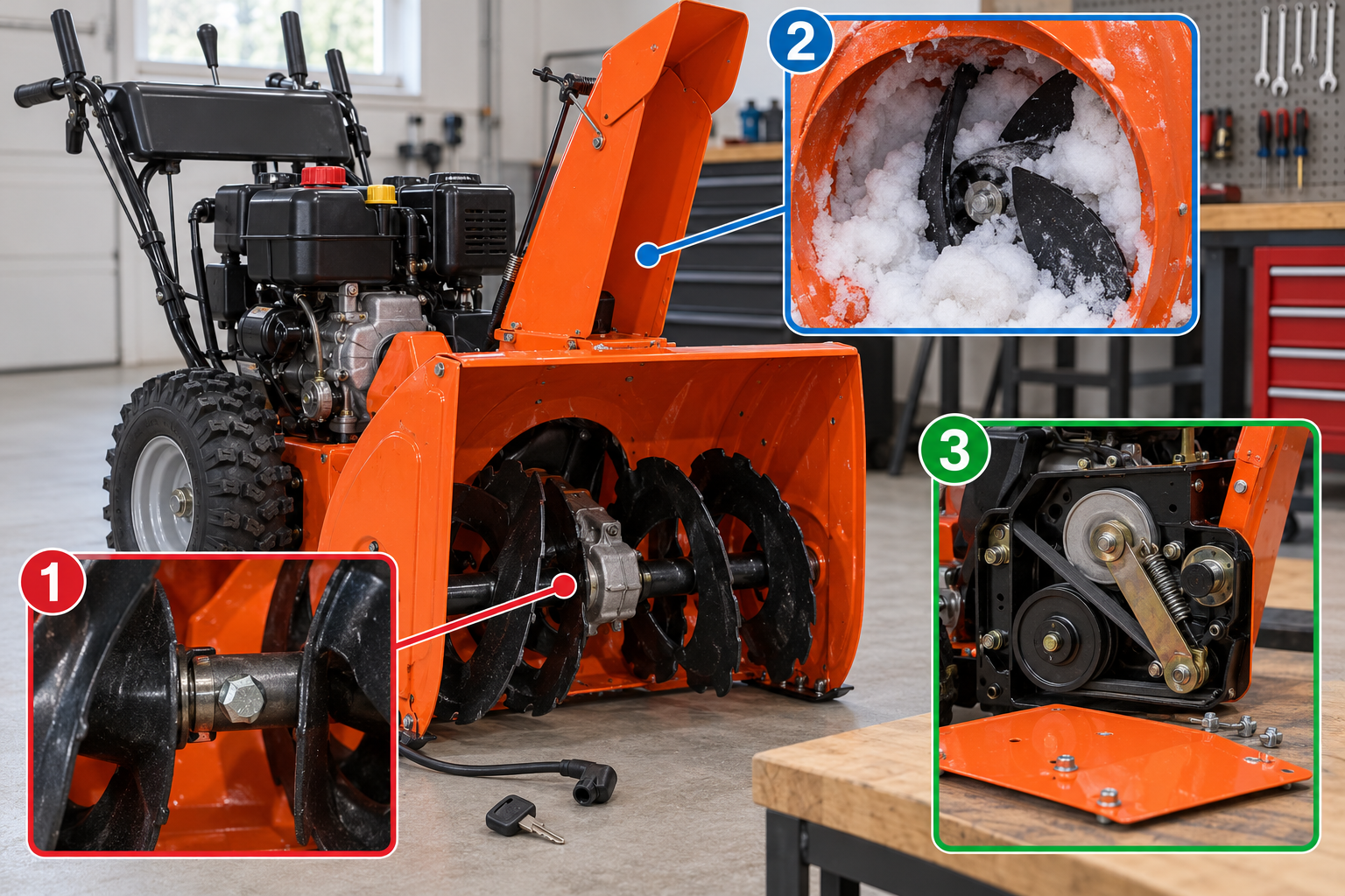 Engine-disabled snowblower inspection showing auger shear bolt, external ice obstruction, and belt guard checkpoints.