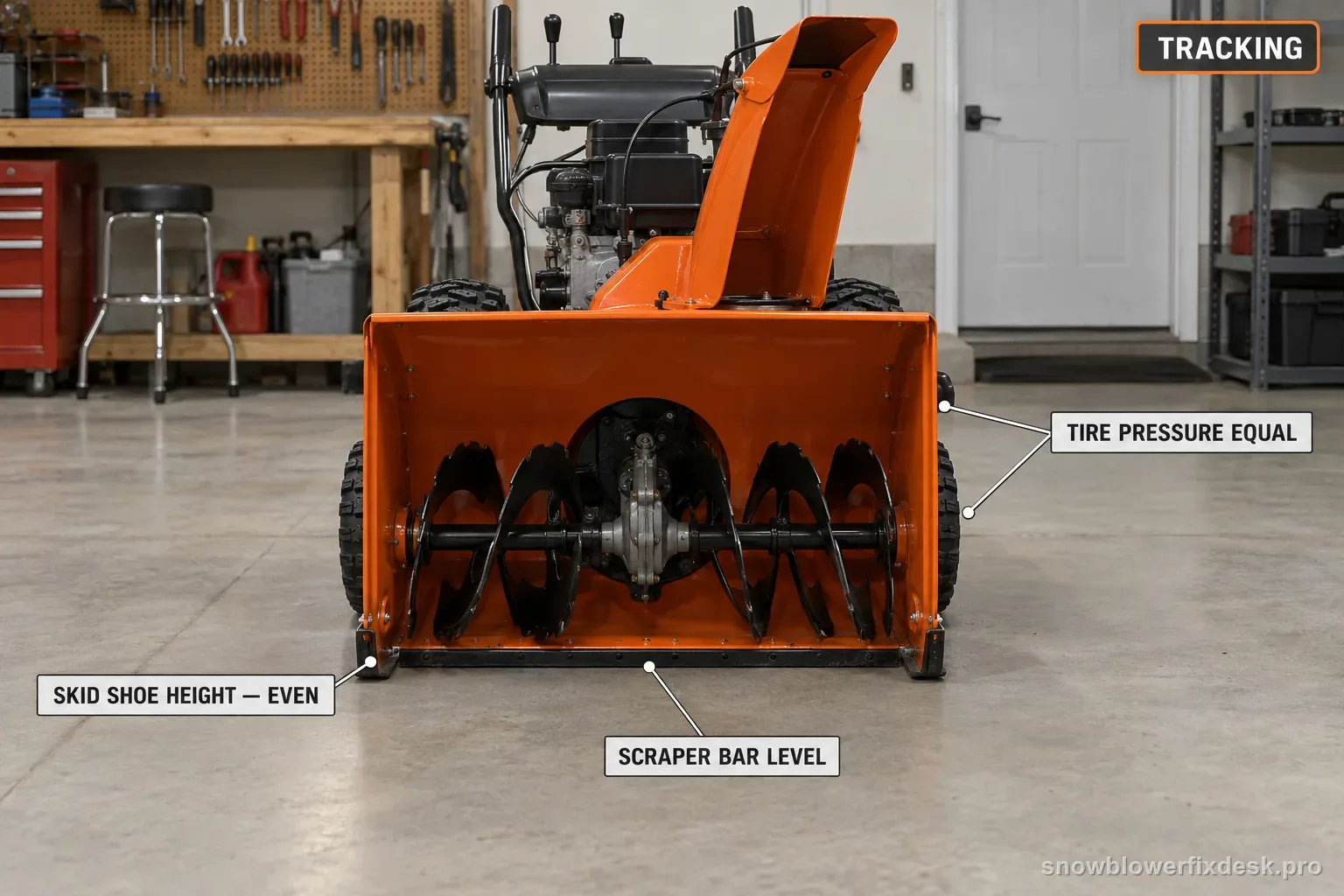 Annotated front-on view of an orange two-stage snow blower on a flat floor with labels for even skid-shoe height, a level scraper bar and equal tire pressure.