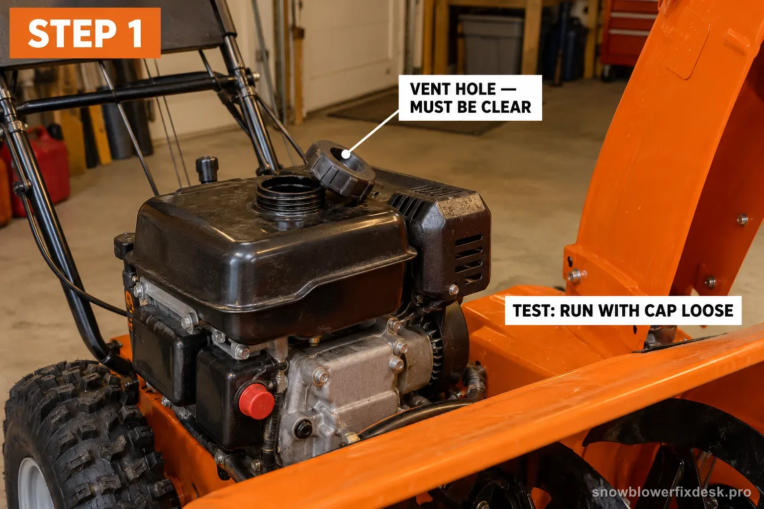 Annotated photo of an orange two-stage snow blower with the fuel cap lifted off the tank, a leader line to the cap vent hole and a label for testing with the cap loose.