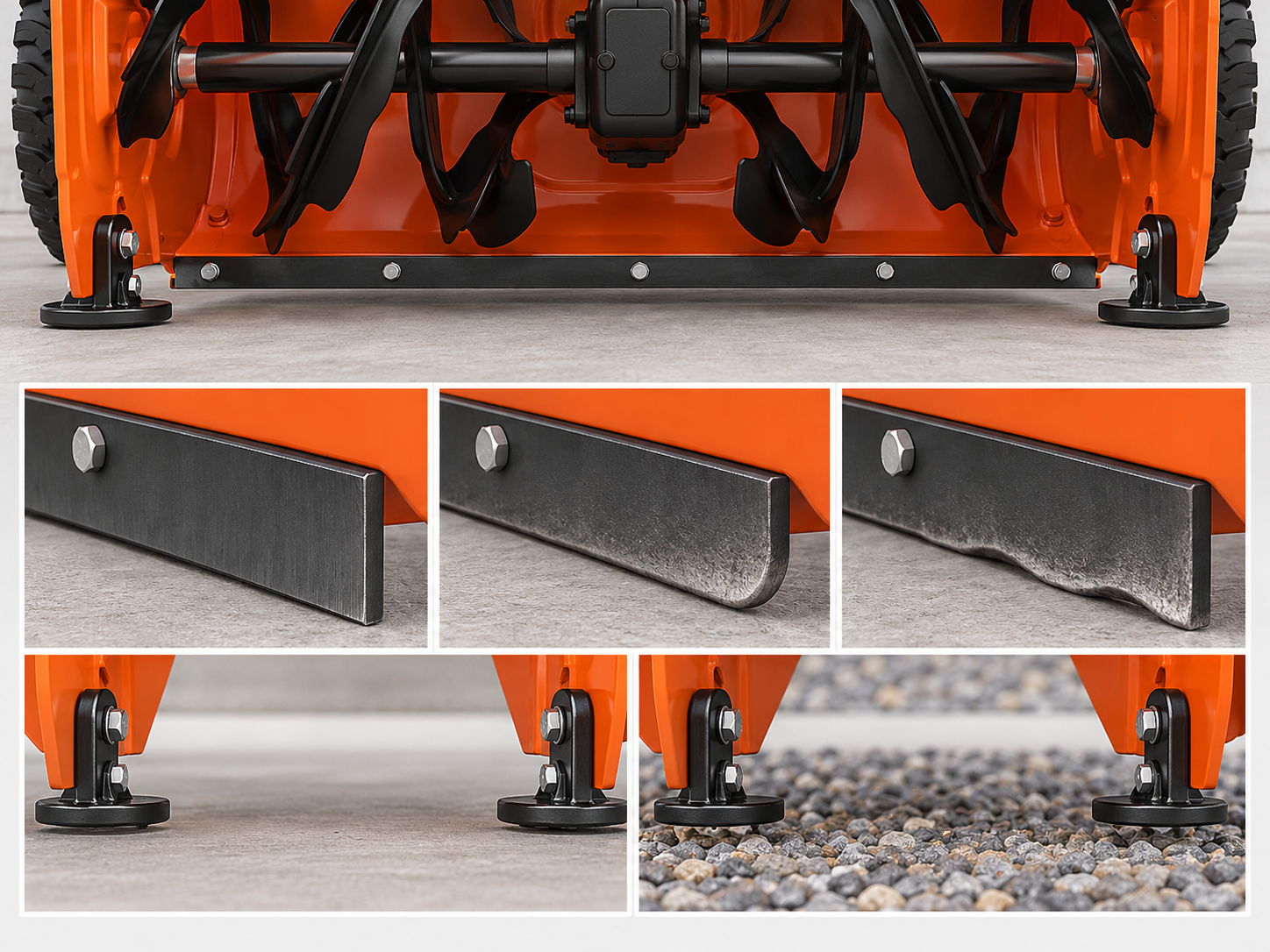 Scraper blade wear and paired skid-shoe clearance shown on paved and gravel surfaces.