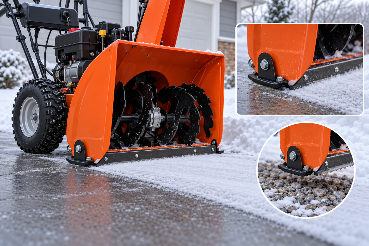 Snowblower scraper edge and paired skid shoes shown against paved and gravel surfaces.