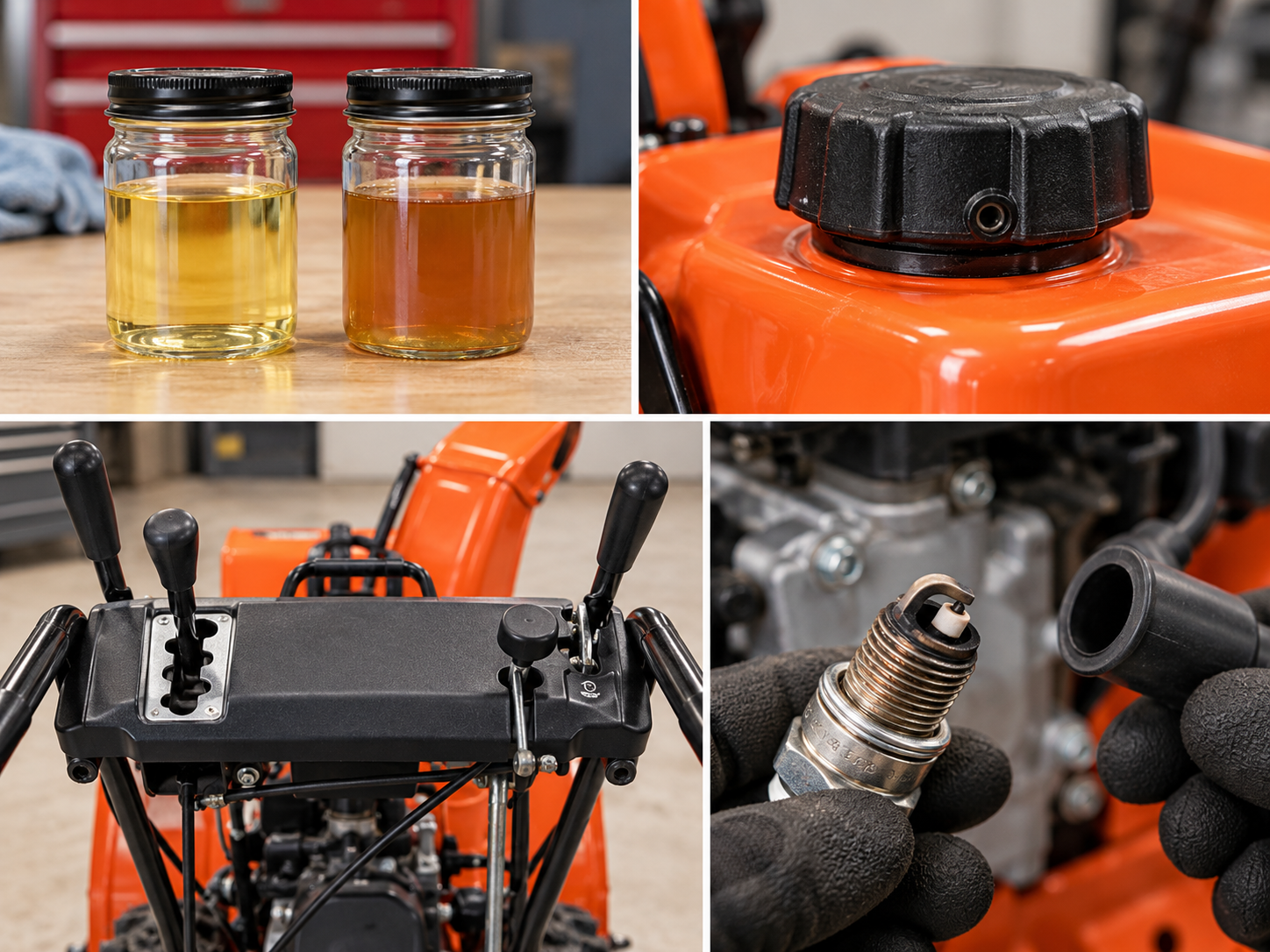 Close-up of fuel condition, fuel-cap exterior, control position, and spark-plug inspection.