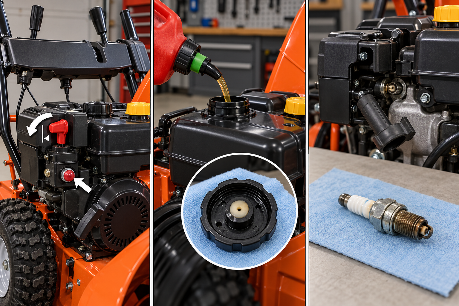 Ariens-style snowblower control, fuel inspection, and spark-plug bench checks in separate panels.