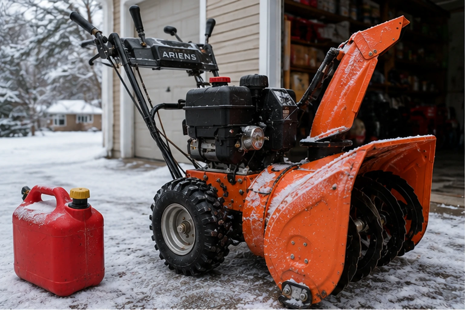 Orange two-stage snow blower parked beside an open garage in cold snowy conditions with the engine and start controls visible.