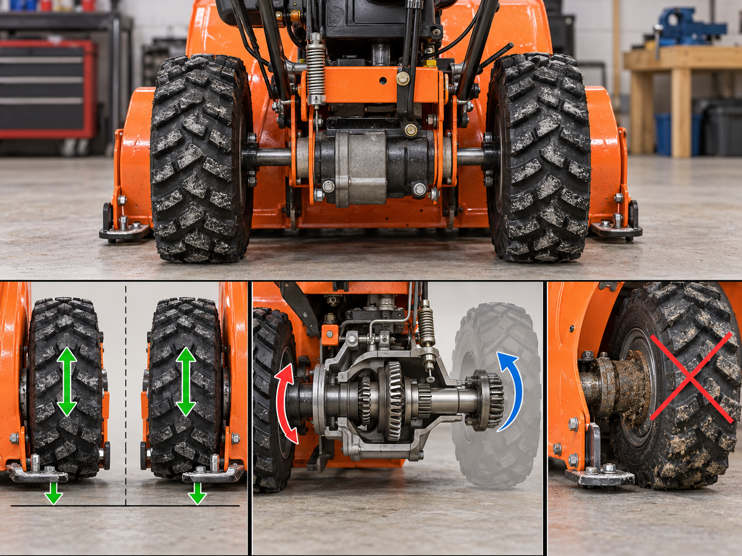Close-up comparison of tire pressure, skid contact, Auto-Turn action, and a binding wheel.