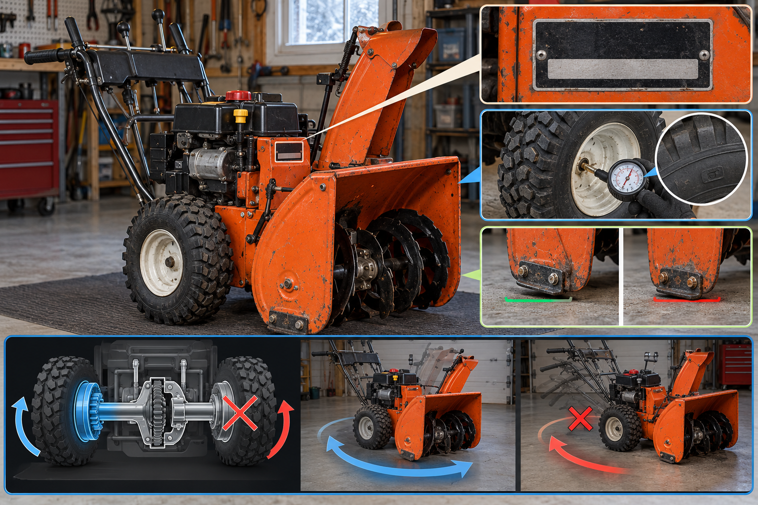 Older snowblower with model label, tire pressure, skid-shoe contact, and conceptual differential checkpoints.