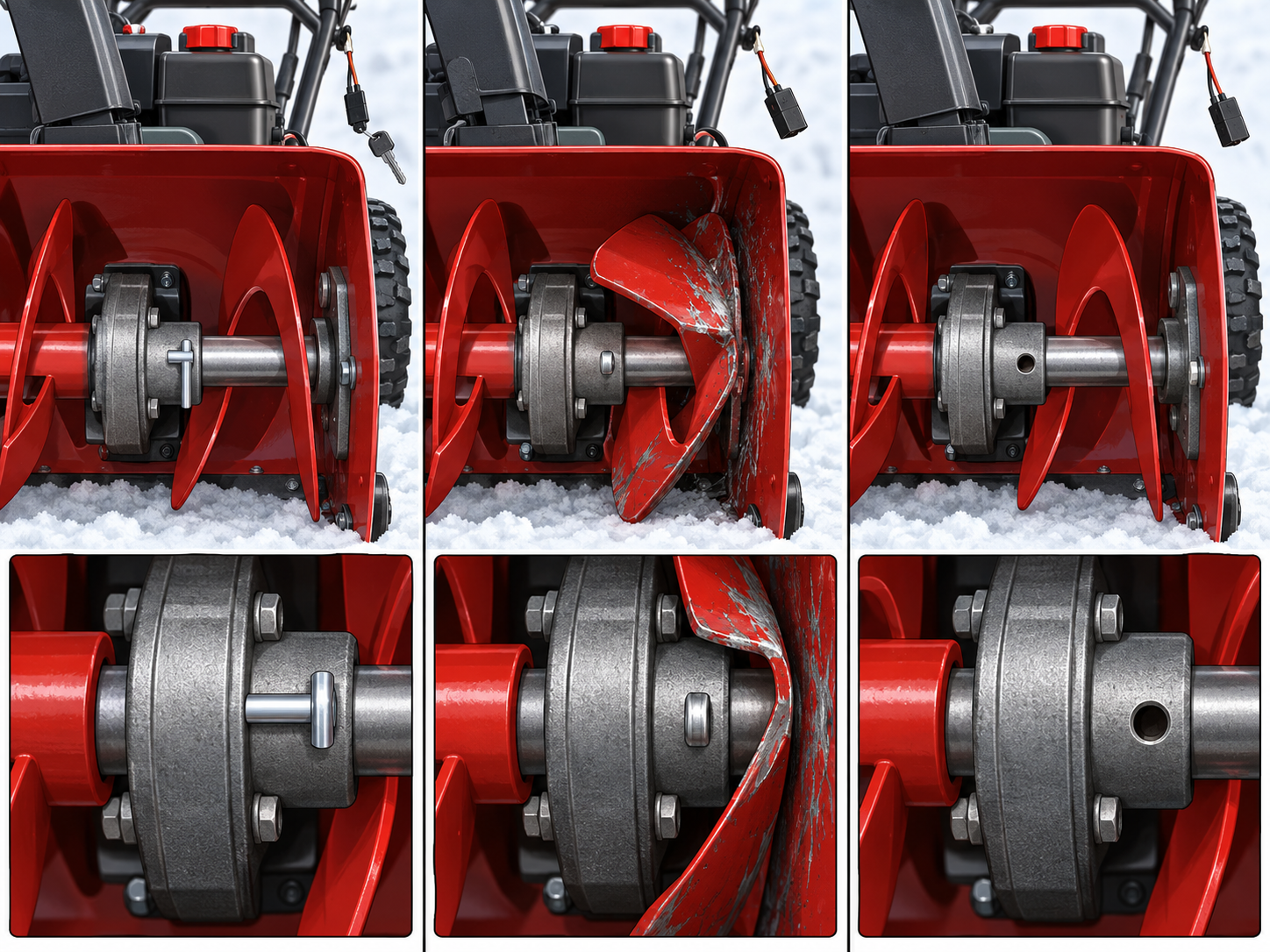Auger hub detail comparing shear pin alignment, housing contact, and debris removal.