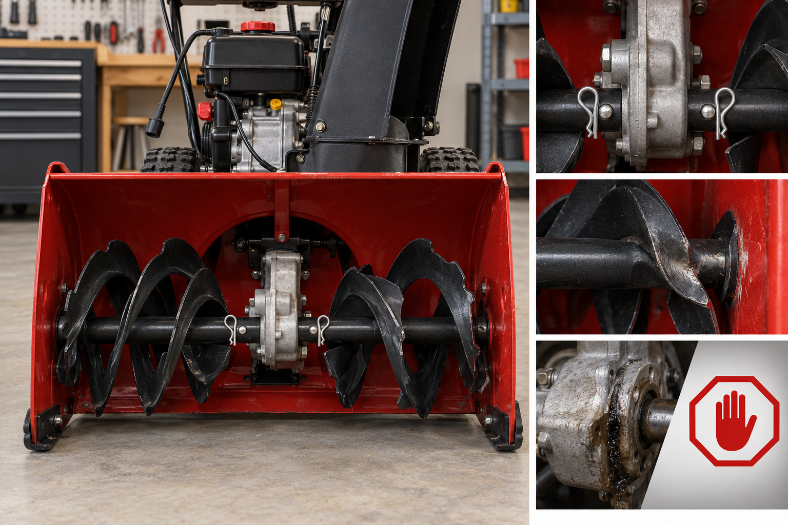 Generic two-stage snowblower auger with safe shear-pin and bent-flight inspection insets.