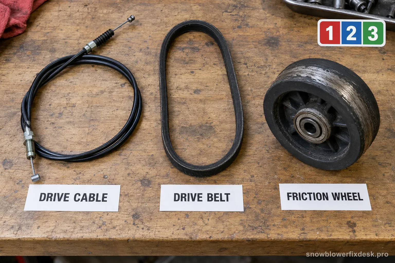 Annotated workbench flat-lay of three removed snow blower drive parts in a row - a control cable, a v-belt and a worn rubber friction wheel - each with a printed label card.