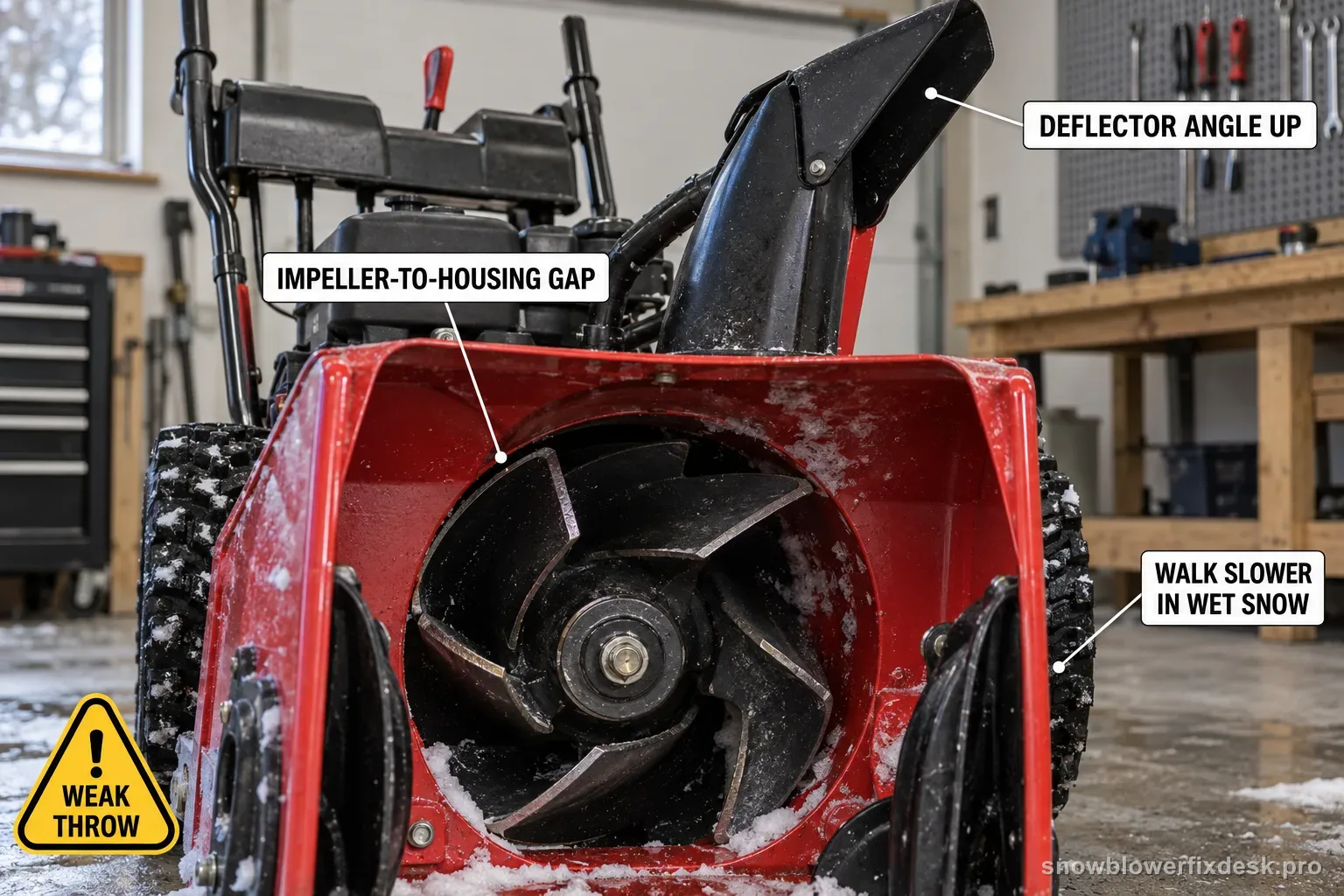 Annotated view into the impeller and discharge opening of a red and black two-stage snow blower, with printed labels for the impeller-to-housing gap, deflector angle and walking pace in wet snow.
