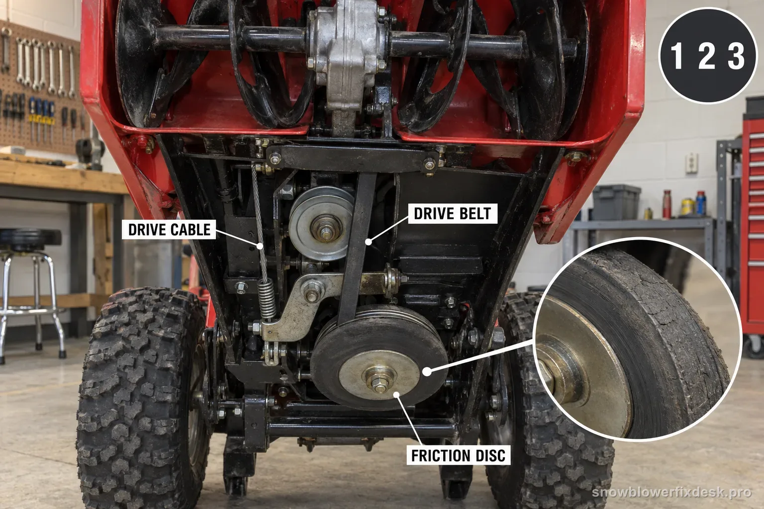 Annotated underside photo of a red and black two-stage snow blower with callout labels for the drive cable, drive belt and a worn friction disc shown under a magnifier circle.