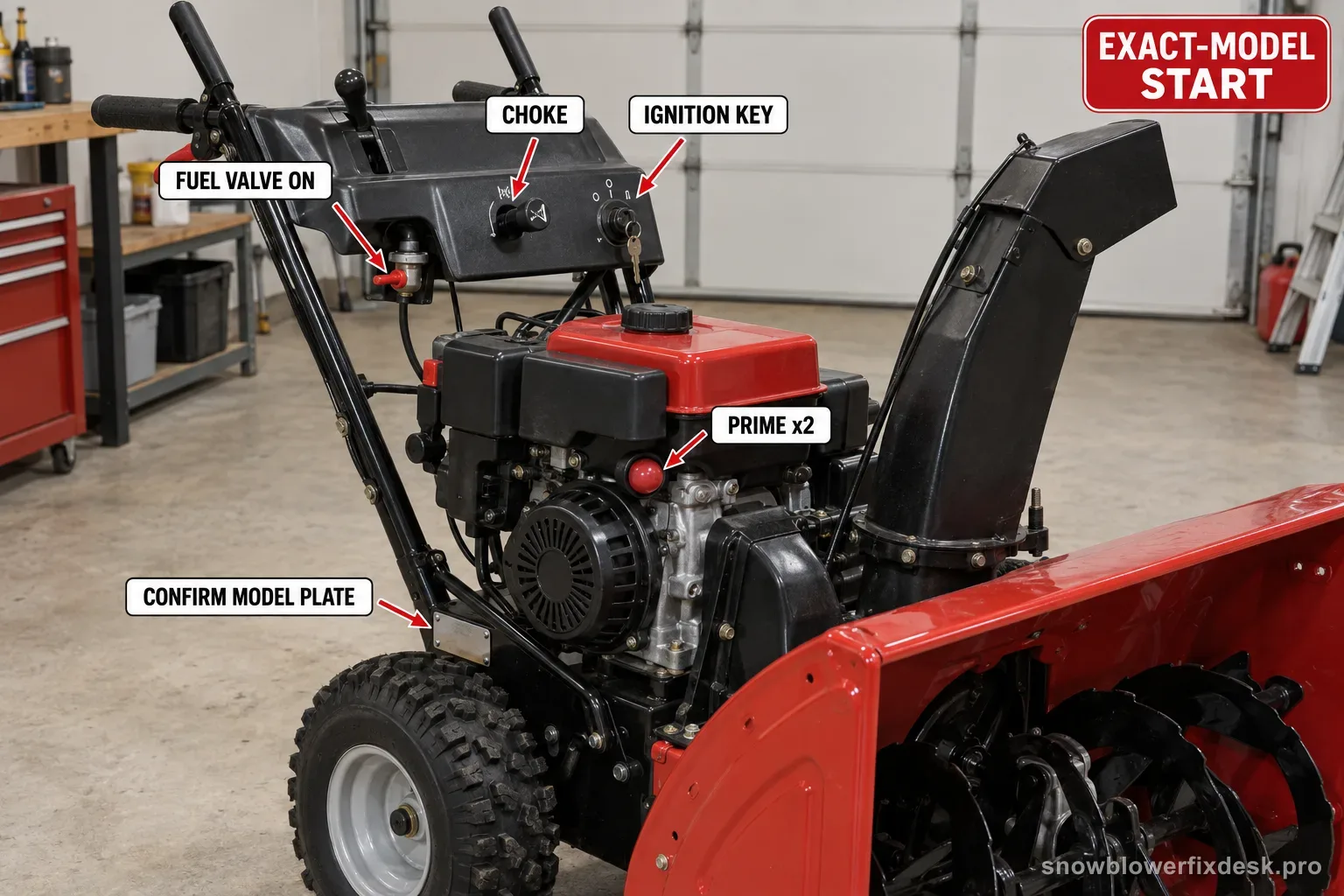 Annotated photo of a red and black two-stage snow blower with a leader line to the frame model plate plus labels for the fuel valve, choke, ignition key and primer.