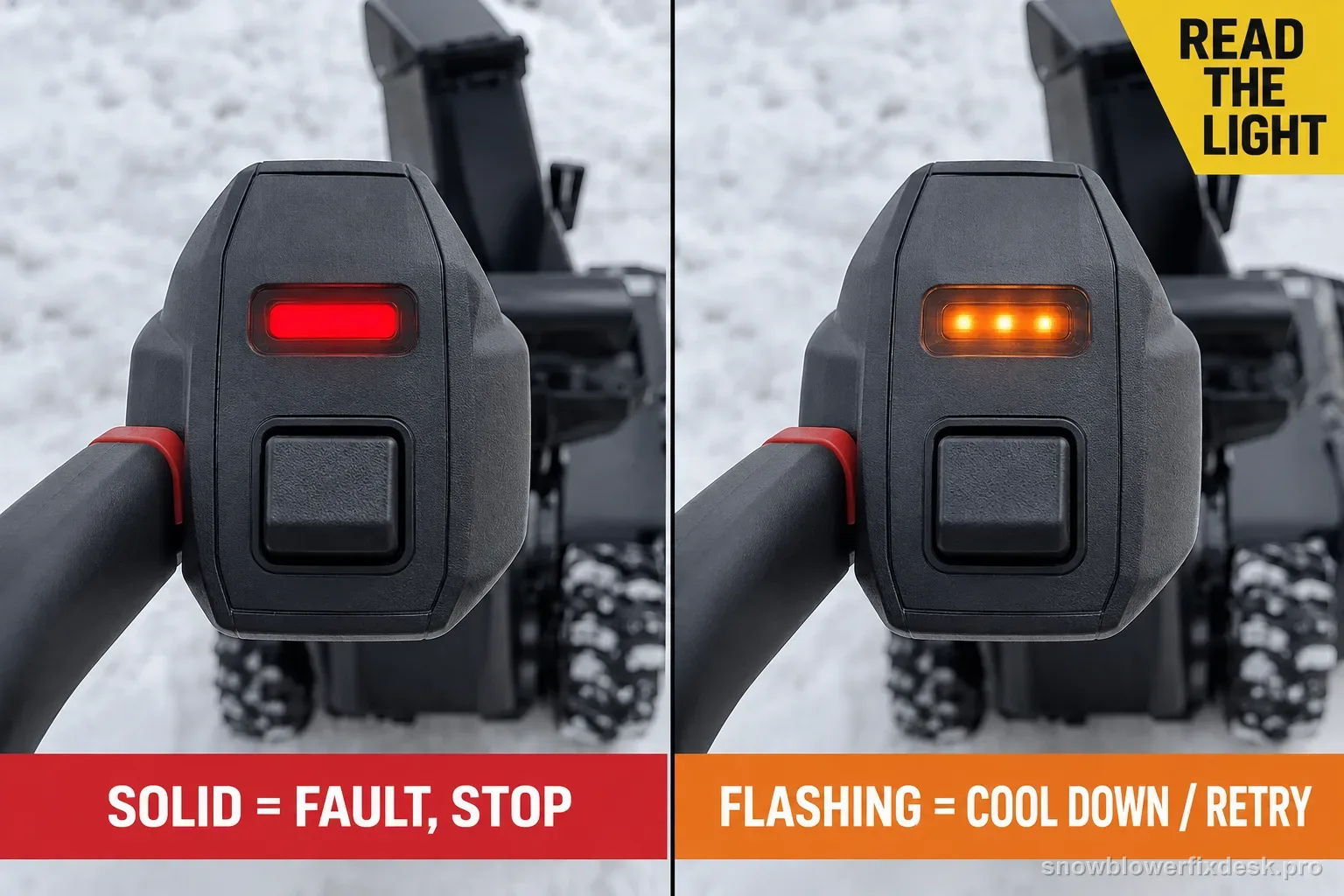 Side-by-side comparison photo of a cordless snow blower control pod, left showing a solid red light labelled as a stop fault and right showing a flashing orange light labelled as a cool-down or retry state.