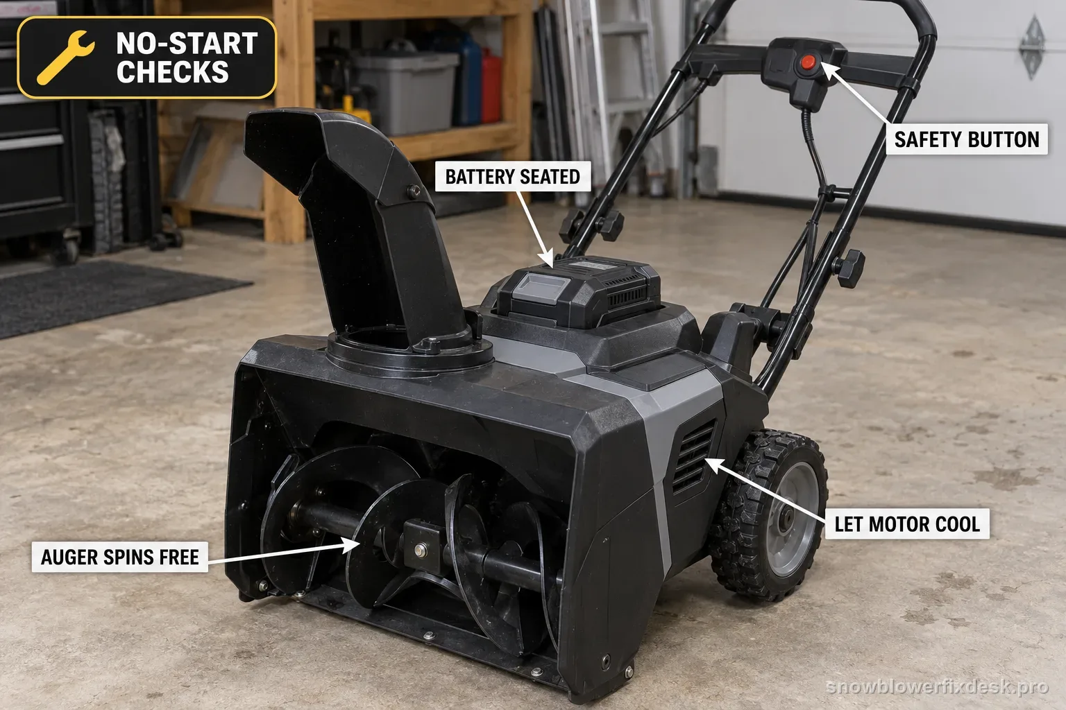 Annotated photo of a black and grey cordless battery snow blower with callout labels pointing to the battery seating, auger, motor and safety button as the no-start checks.