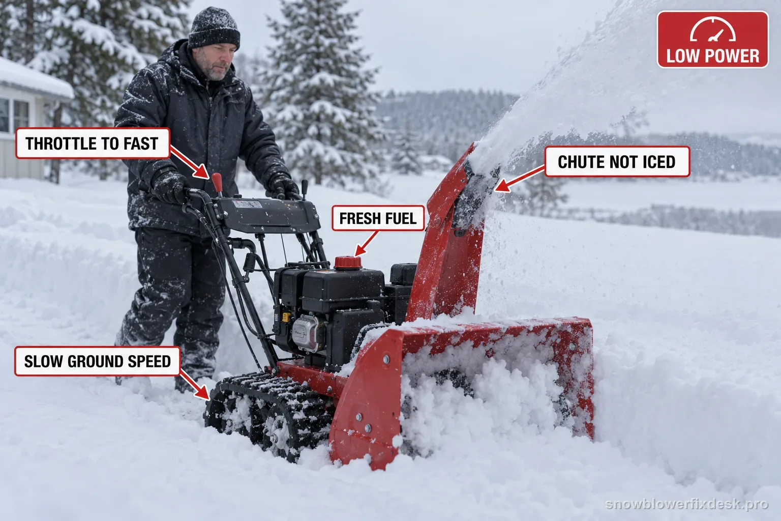 Annotated photo of a tracked two-stage snow blower in deep snow with printed labels for setting the throttle to fast, slowing ground speed, checking the chute for ice and using fresh fuel.