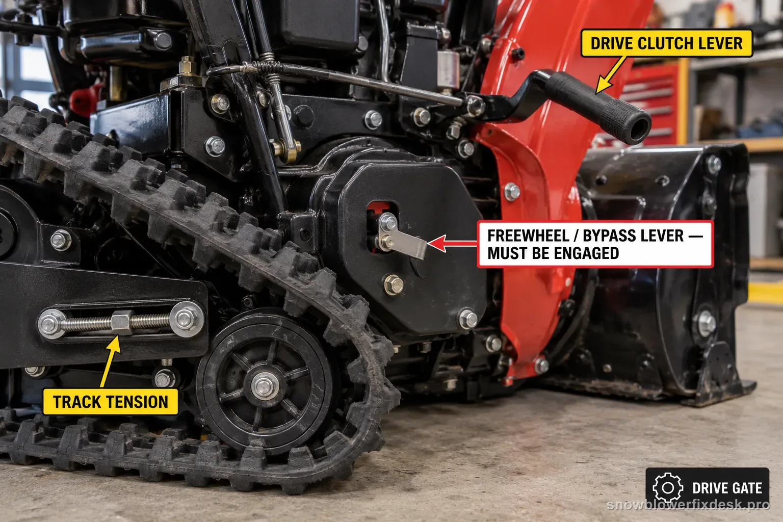 Annotated view of the lower drive area of a tracked two-stage snow blower with a bold label on the freewheel or bypass release lever plus labels for the drive clutch lever and track tension.