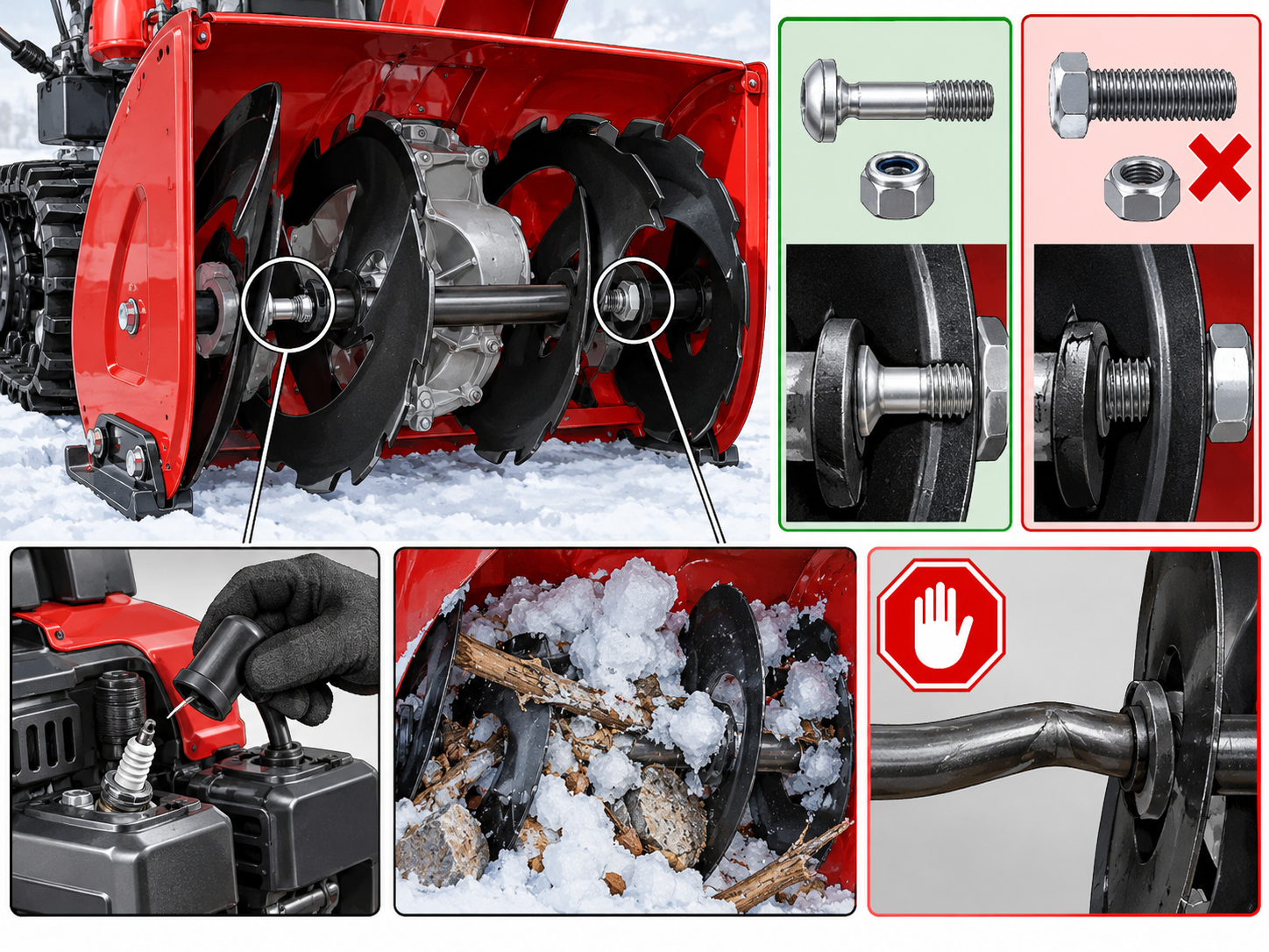 Dedicated shear bolt and aligned auger shaft holes with ice and damage inspection insets.