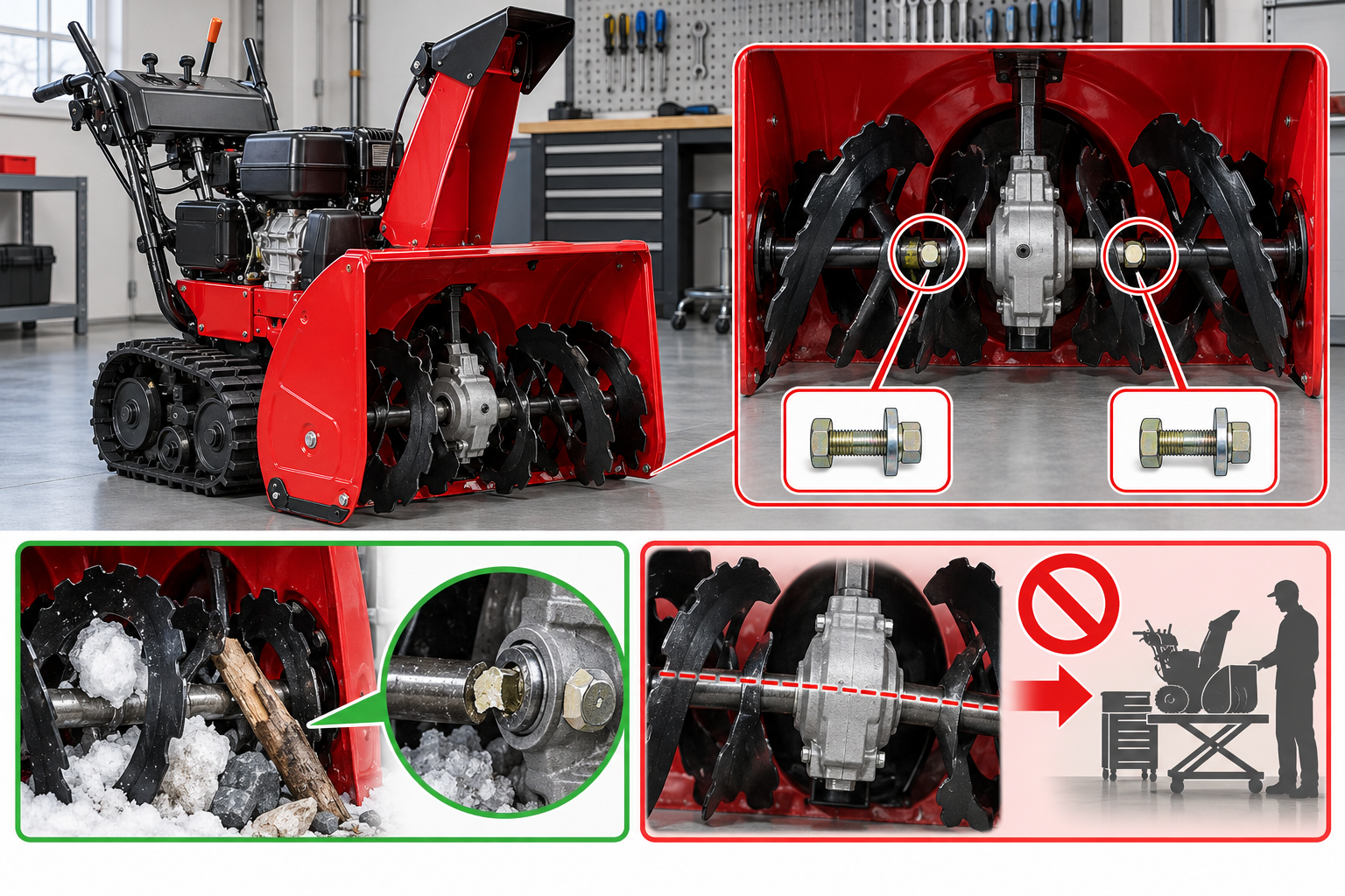 Tracked two-stage snowblower with dedicated shear-bolt locations and a safe stop-for-service inset.
