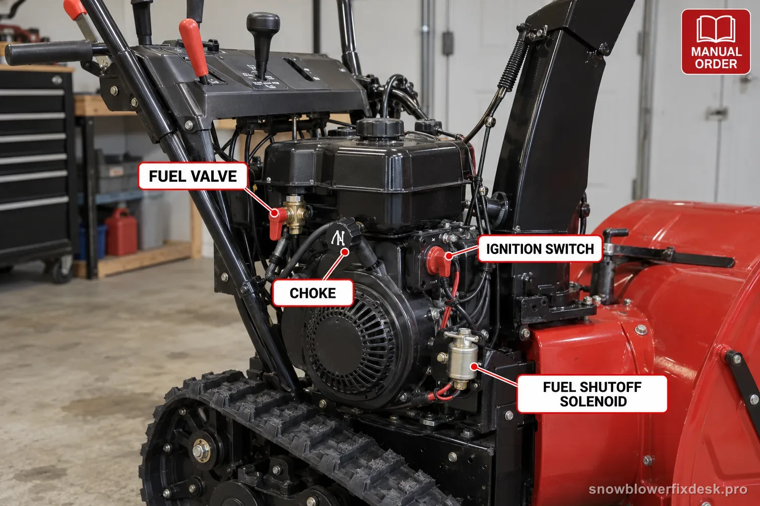 Annotated view of the control panel and engine side of a black and red tracked two-stage snow blower, with printed labels for the fuel valve, choke, ignition switch and fuel shutoff solenoid.