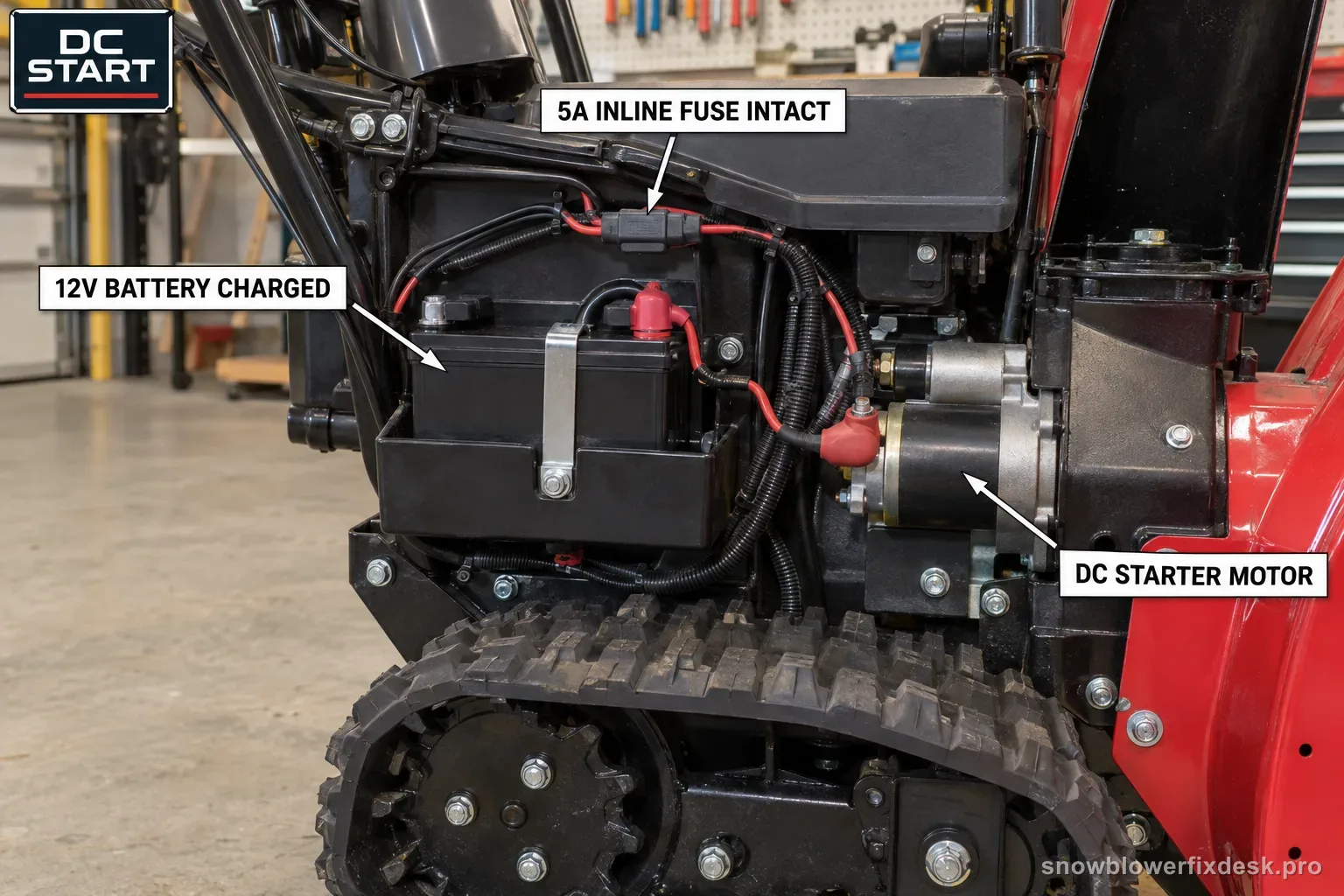 Annotated view of the battery and wiring area of a red tracked two-stage snow blower, labelled for a charged 12V battery, an intact 5A inline fuse and the DC starter motor.