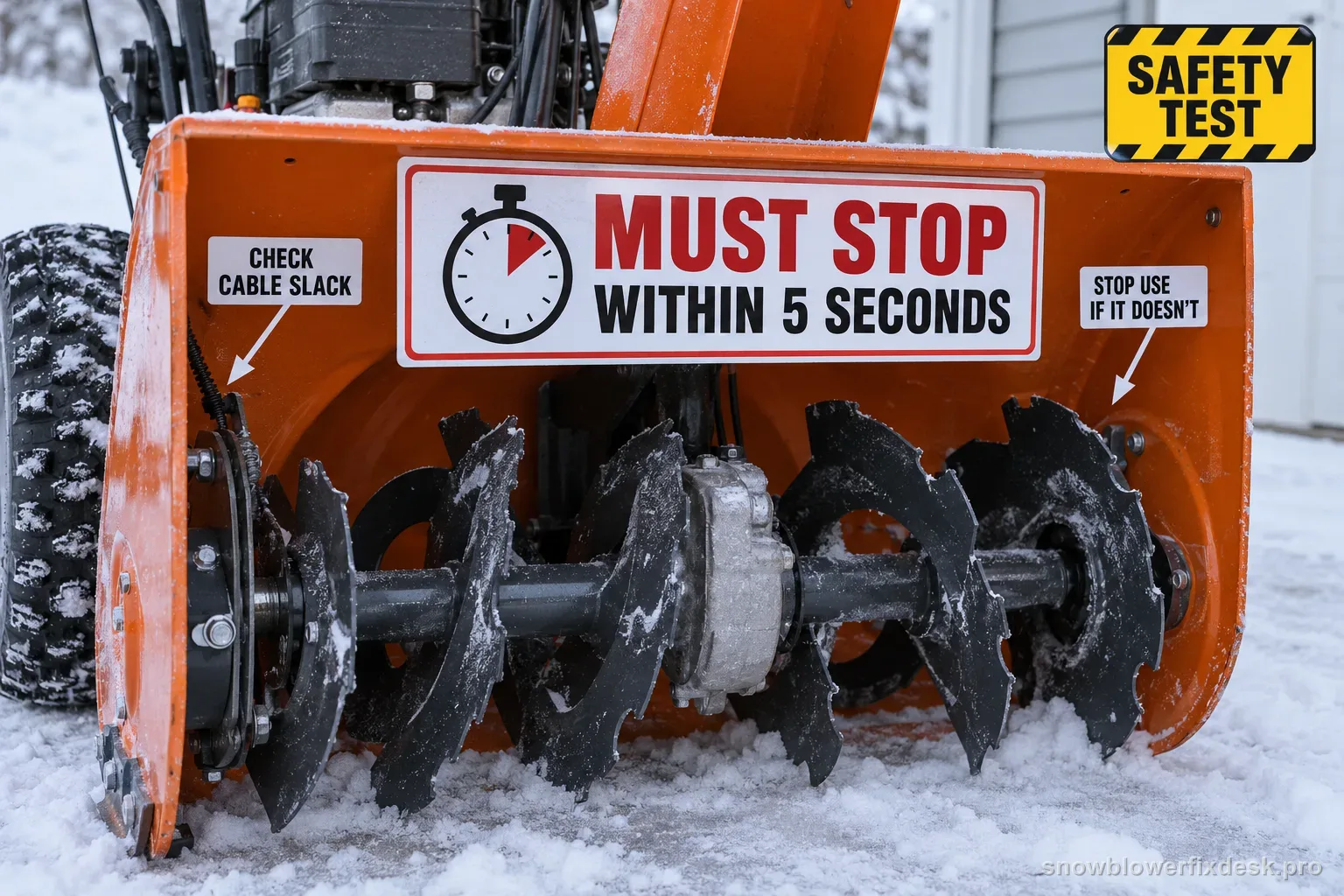 Annotated view of the auger of an orange and grey two-stage snow blower with a large label reading that it must stop within five seconds, plus labels for checking cable slack and stopping use if it does not.