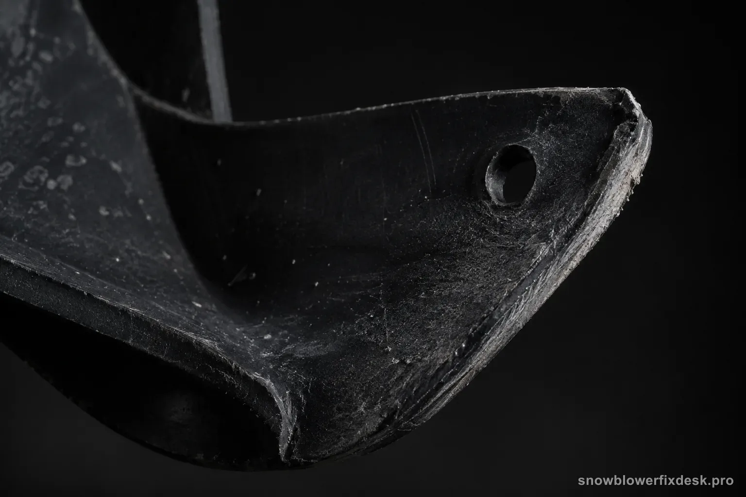 Extreme close view of a single black rubber rotor paddle from a single-stage snow blower with a curled thinned edge and a round wear-indicator hole near the tip.