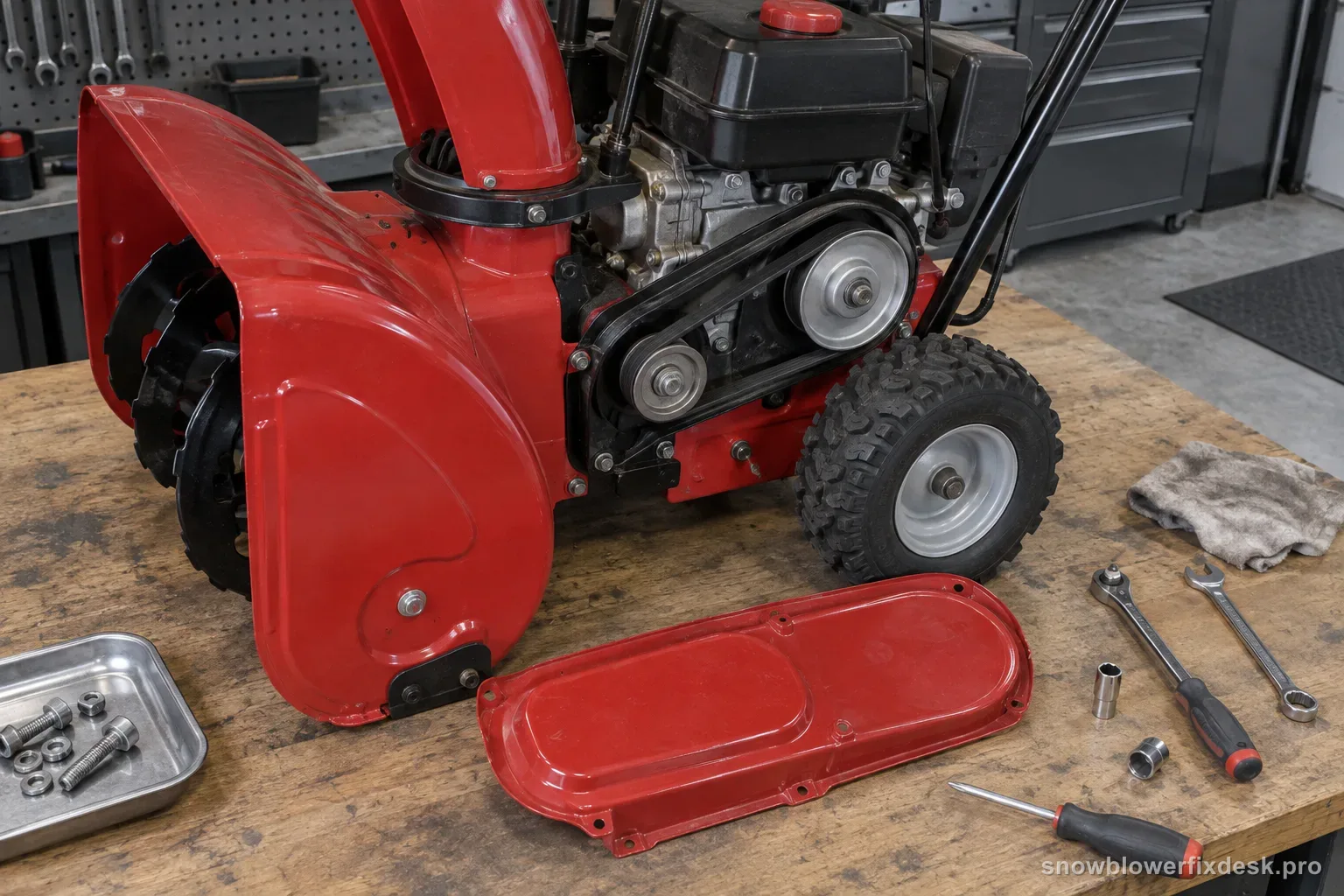 Belt cover removed from a red single-stage snow blower on a workbench with the drive belt and pulleys exposed on the engine-off machine.