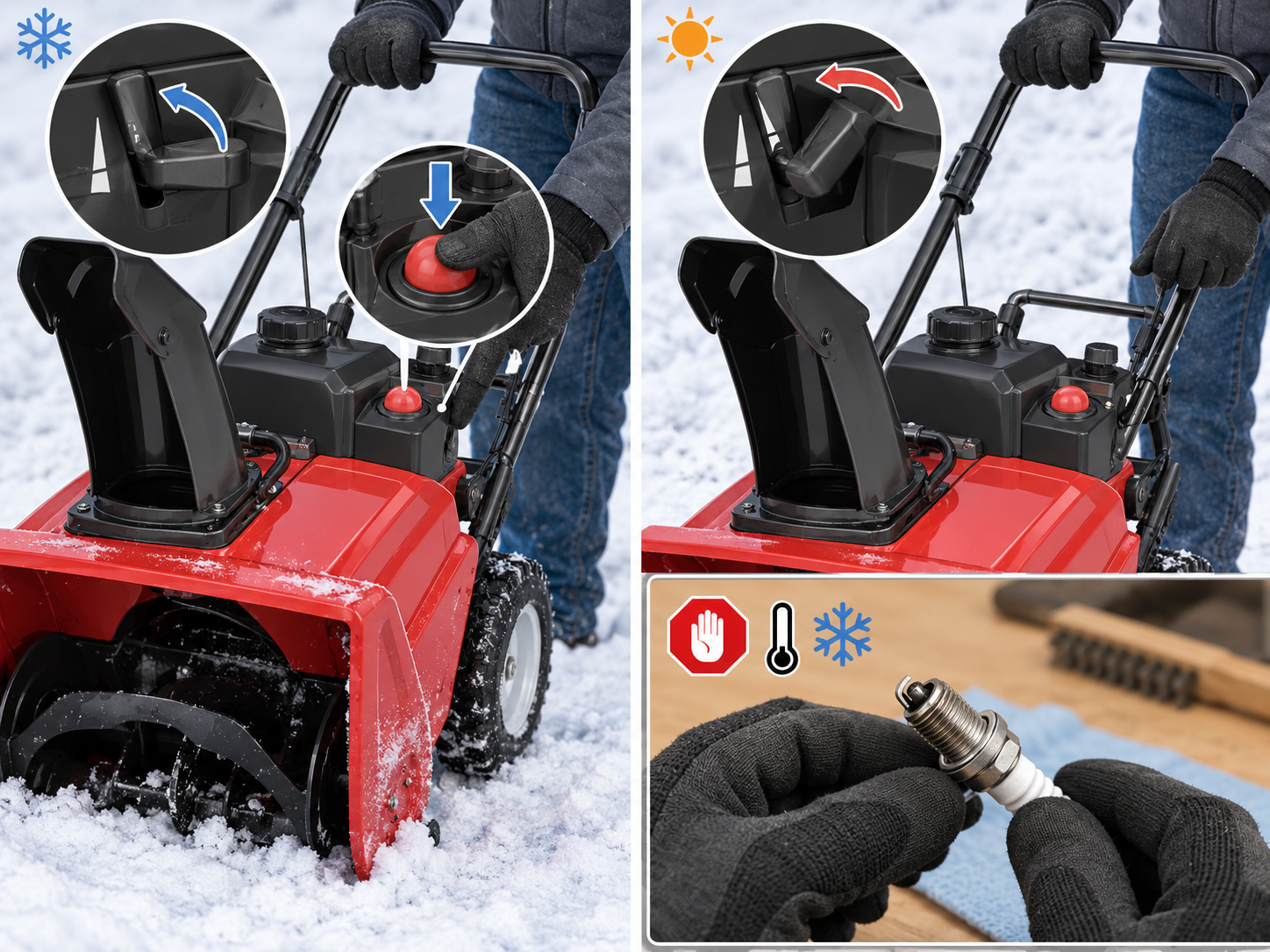 Close-up comparison of cold and warm start controls and a spark plug inspection on a safe bench.