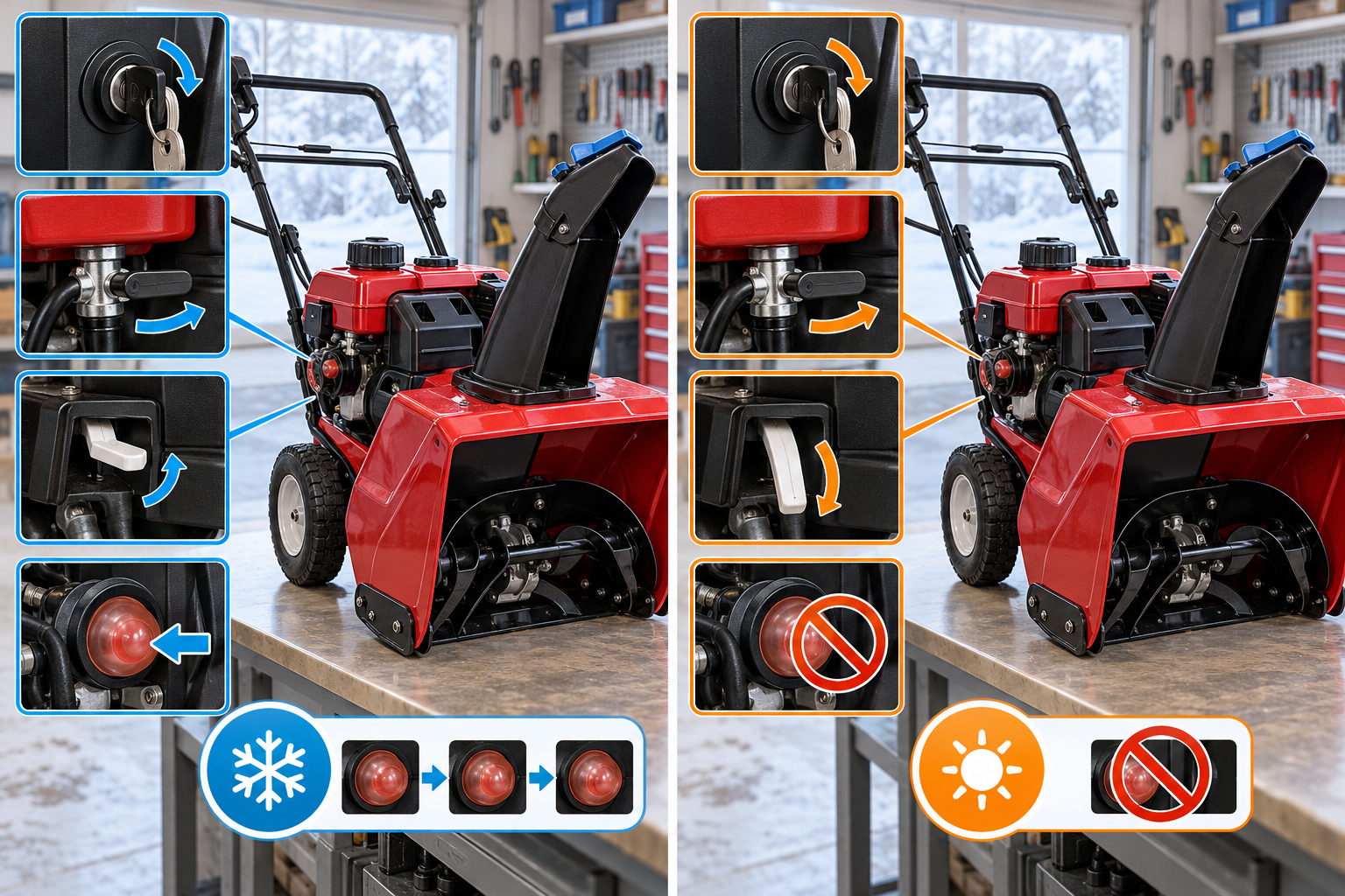Compact single-stage snow blower controls for cold start shown beside a warm-restart diagnostic inset.