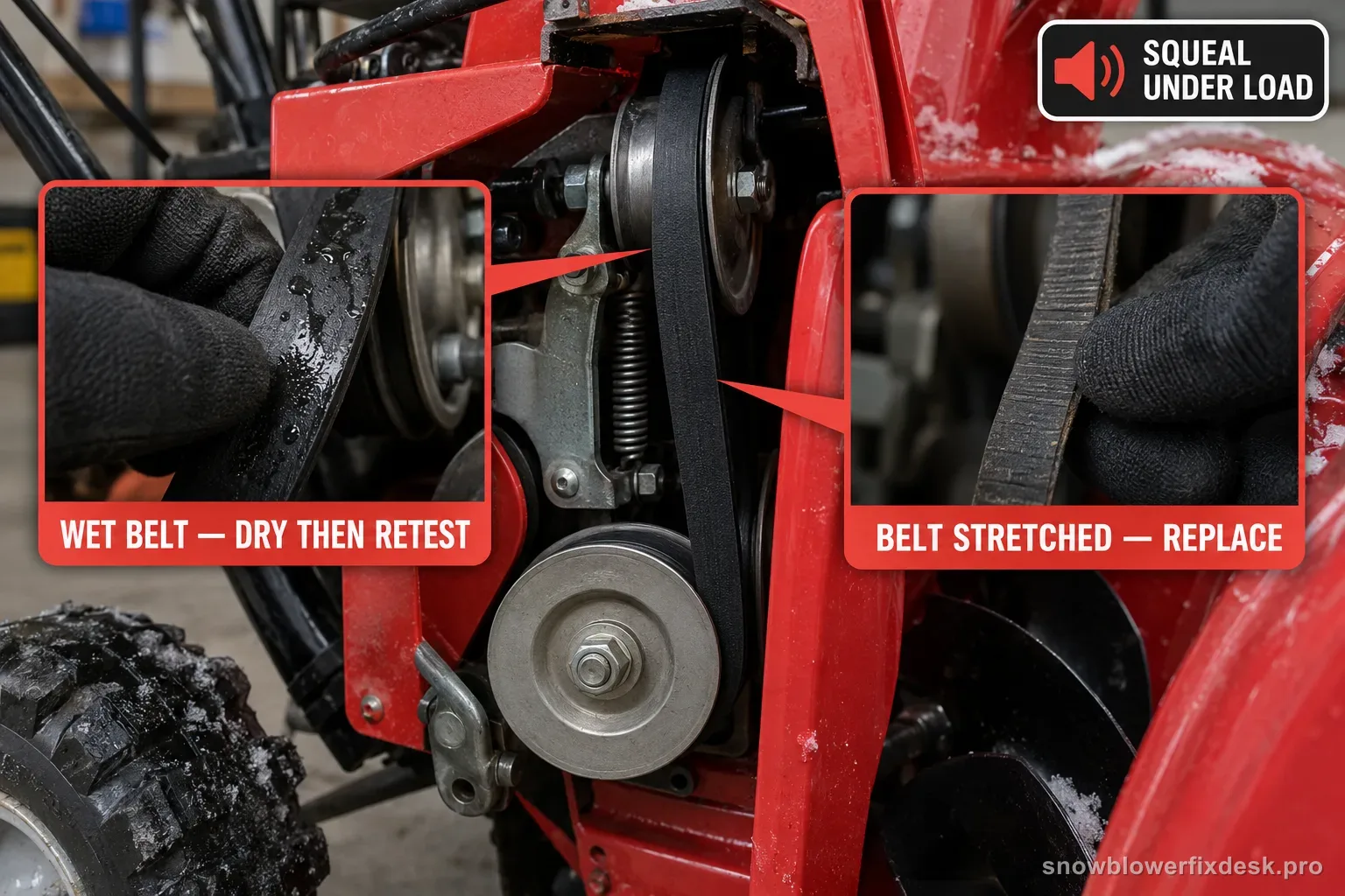 Annotated close view of the drive belt area of a red single-stage snow blower split into two labelled branches, one for a wet belt to dry and retest, one for a stretched belt to replace.