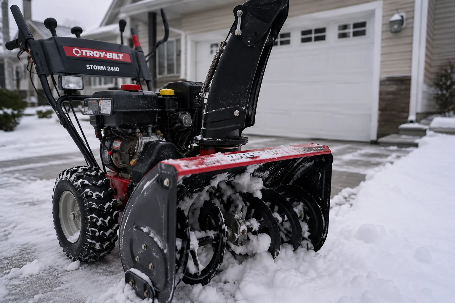 Troy-Bilt Storm 2410 stopped on a snowy driveway with the auger housing visible for a safety-first vibration inspection.