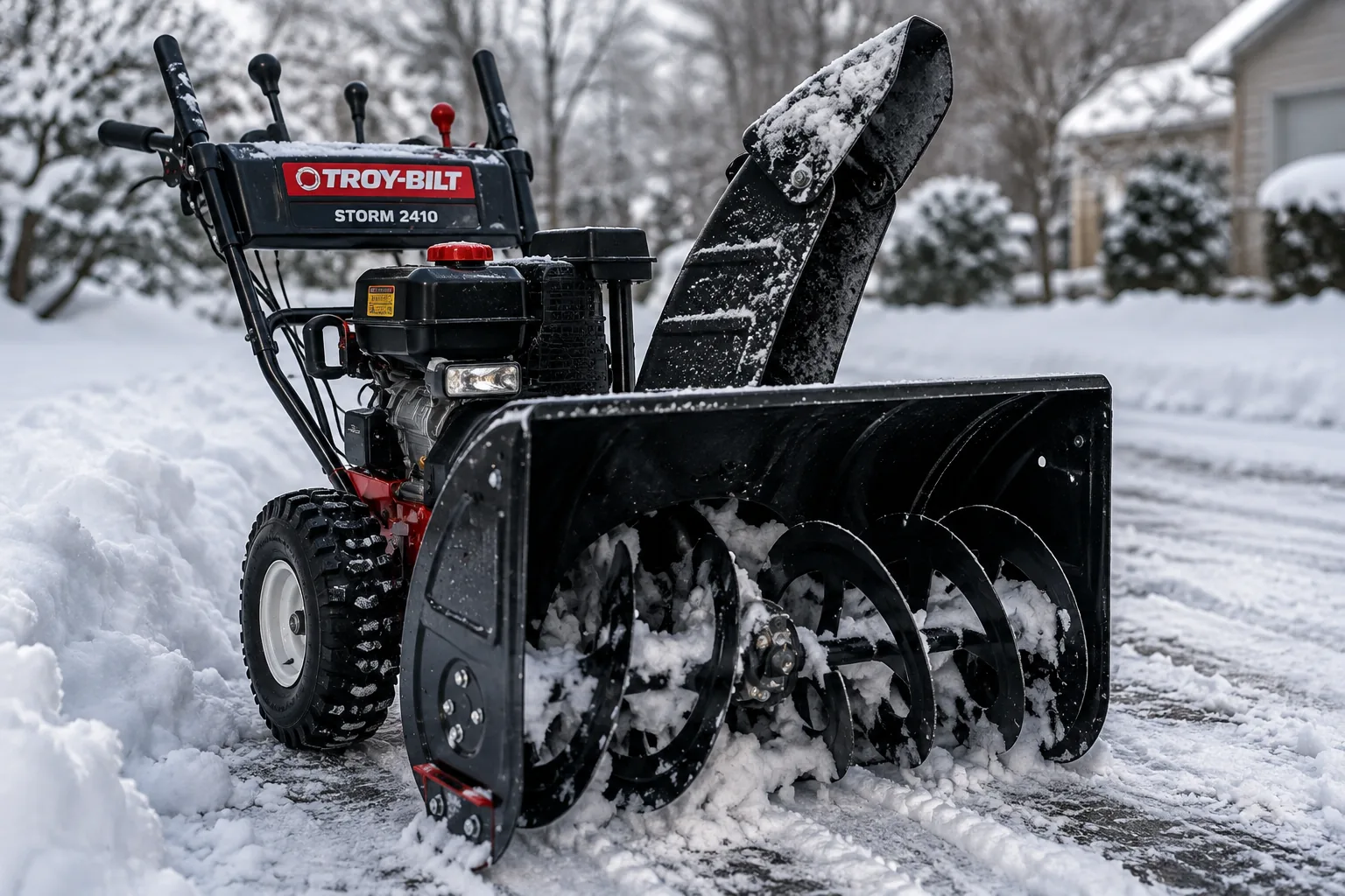 Troy-Bilt Storm 2410 with snow packed around the auger housing during a shutdown inspection for weak or absent discharge.