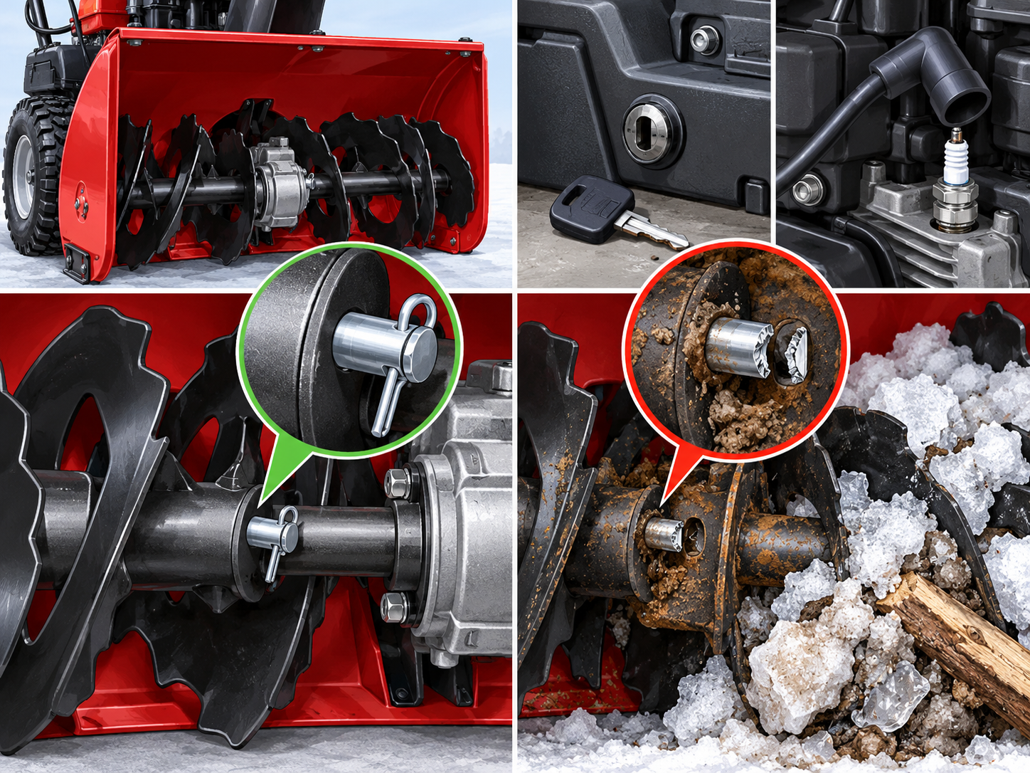 Close-up comparison of a correct shear-pin location, a binding auger section, and an ice overload.