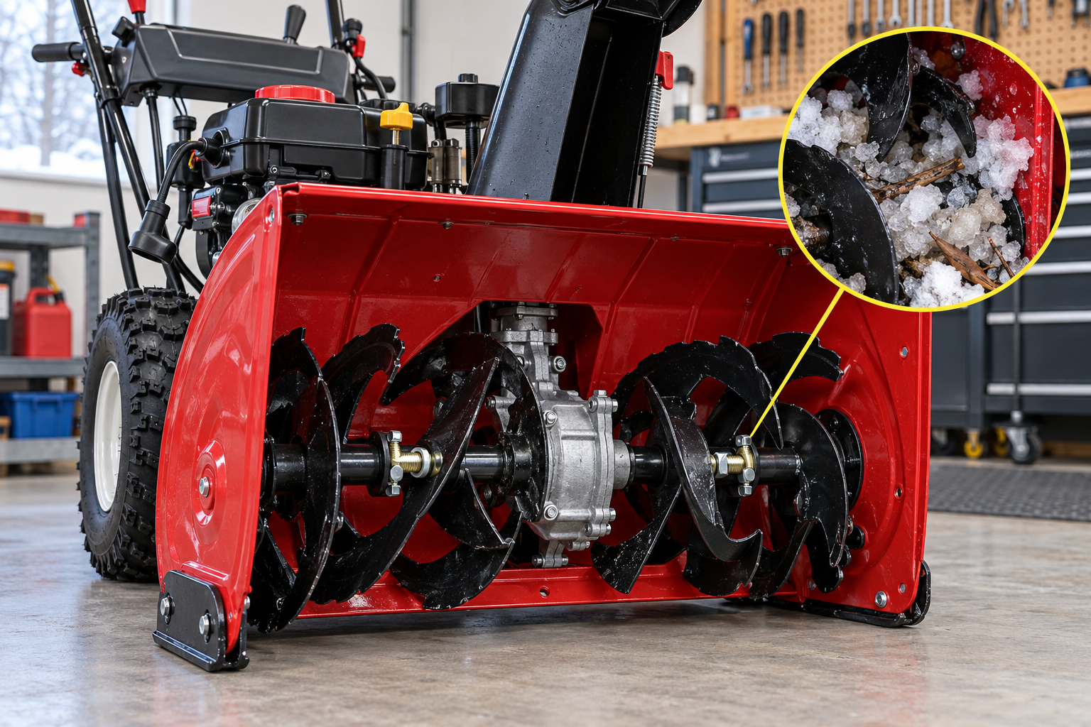 Two-stage snow blower with engine disabled, showing the auger shear-pin locations and an ice overload inset.