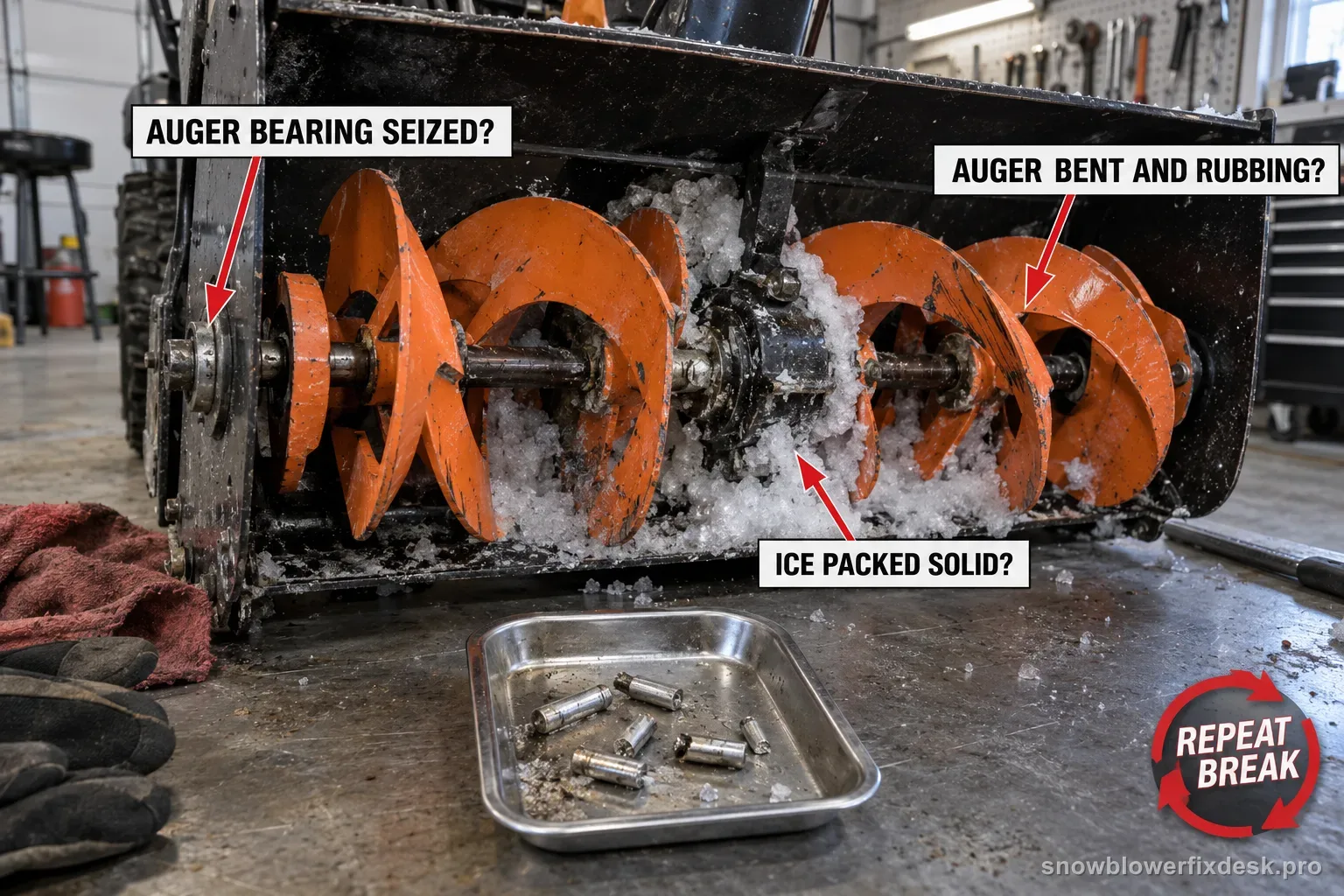 Annotated view of a black and orange two-stage snow blower auger with several snapped shear pins in a tray, labelled with questions about a seized auger bearing, a bent rubbing auger and solidly packed ice.