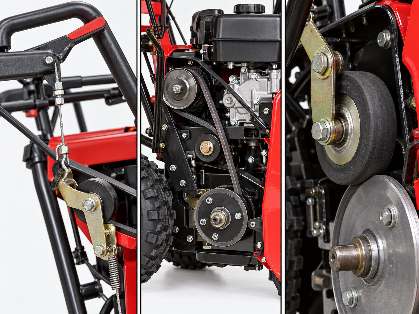Close-up traction drive illustration showing the engagement cable, belt path, and friction wheel.
