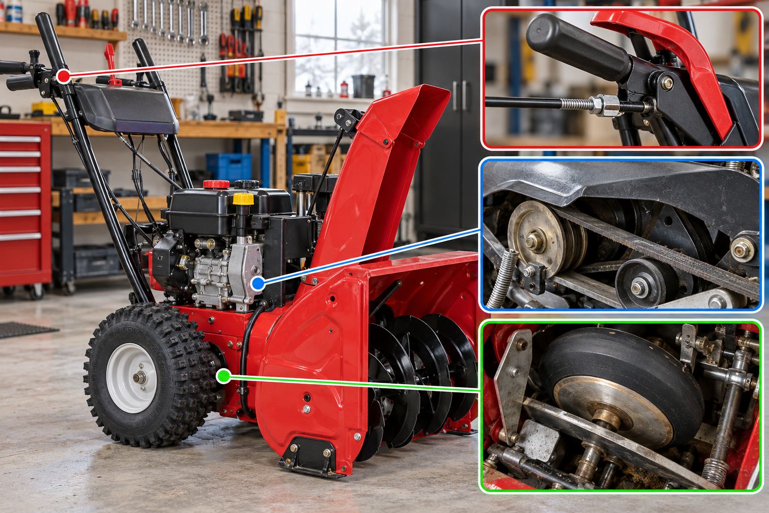 Three-panel illustration of snowblower traction checks: drive cable, drive belt, and friction wheel.