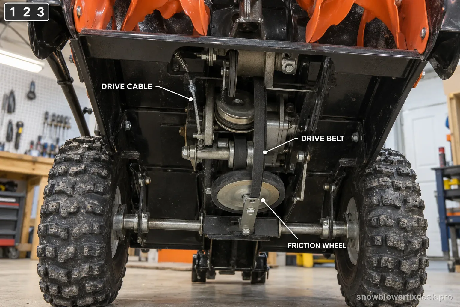 Annotated underside view of a black and orange two-stage snow blower with printed callout labels and leader lines marking the drive cable, drive belt and friction wheel, and a 1-2-3 step badge.