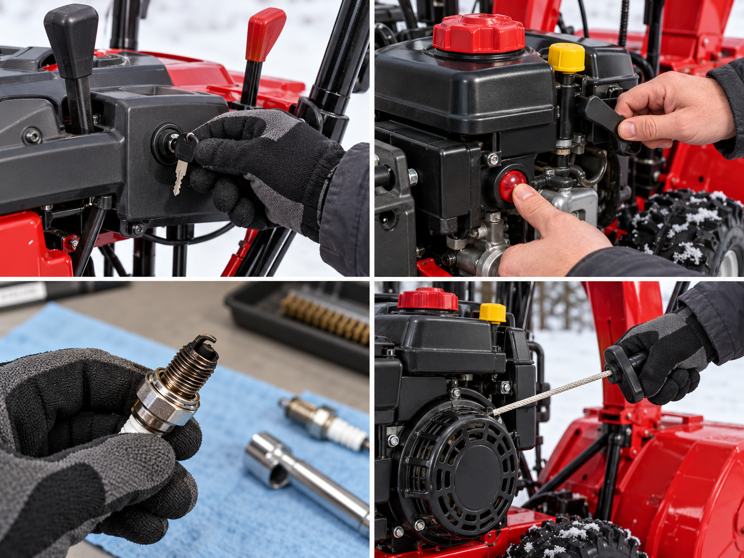 No-start checkpoints for key controls, fuel/choke, spark plug, and starter resistance.