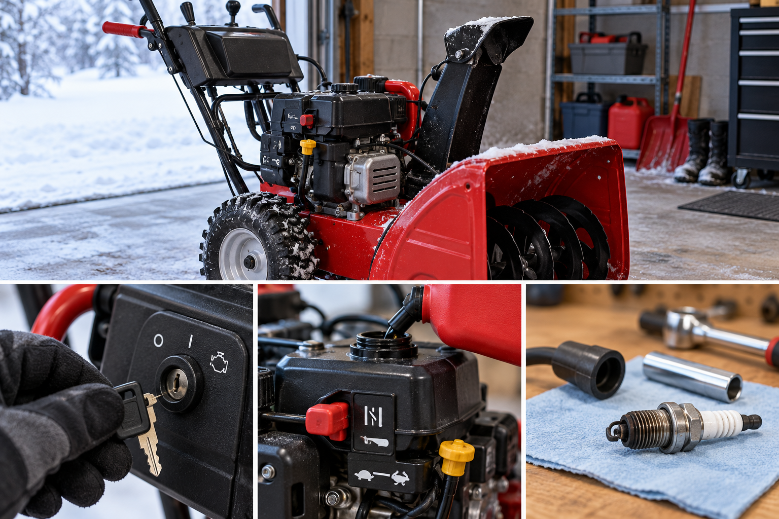 Snowblower no-start diagnostic illustration showing controls, fresh fuel, and spark plug checks on a workbench.
