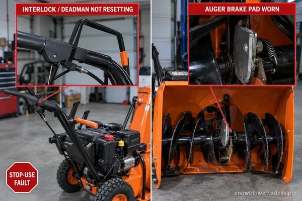 Annotated view of an orange two-stage snow blower split into two labelled branches, one for an interlock or deadman not resetting, one for a worn auger brake pad.