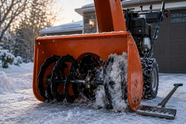 Orange two-stage snow blower with compacted snow blocking part of the auger housing during a safe engine-off inspection.