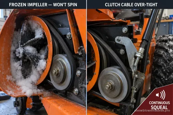 Annotated view of an orange two-stage snow blower belt area split into two labelled branches, one for a frozen impeller that will not spin, one for an over-tight clutch cable.