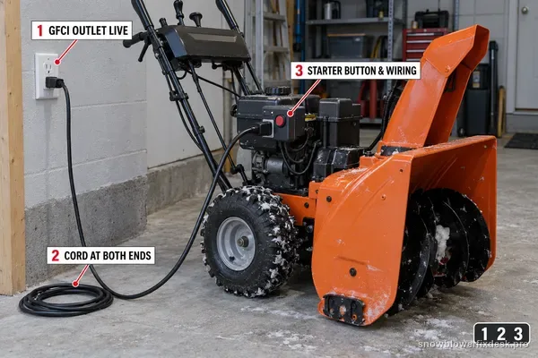 Annotated view of an orange two-stage snow blower beside a wall outlet with an extension cord to the electric-start module and three numbered labels for a live GFCI outlet, the cord at both ends and the starter button and wiring.
