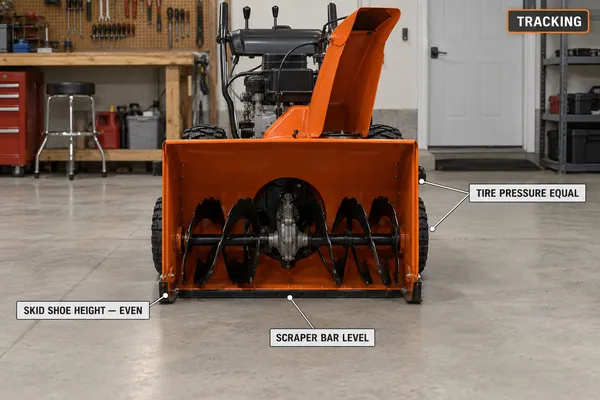 Annotated front-on view of an orange two-stage snow blower on a flat floor with labels for even skid-shoe height, a level scraper bar and equal tire pressure.