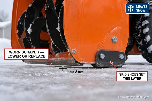 Annotated side-profile view of the bucket of an orange two-stage snow blower showing the gap between the scraper bar and the ground, labelled for a worn scraper, setting the skid shoes to a thin layer and an approximate 3 mm dimension.