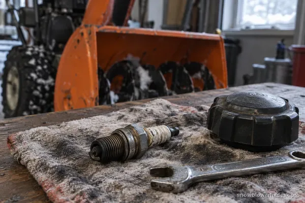 Used spark plug, fuel cap and a wrench laid on a shop rag on a workbench with an orange two-stage snow blower auger housing behind.