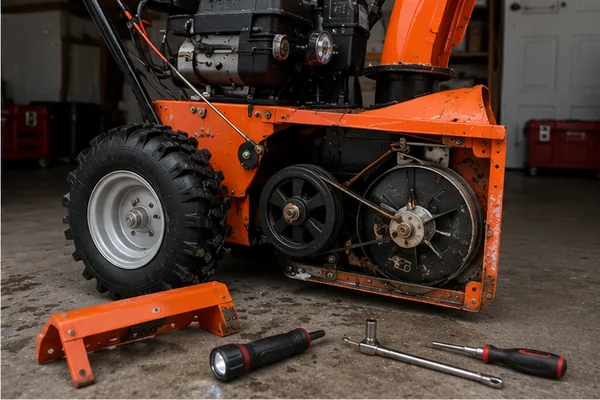 Orange two-stage snow blower in a garage with a lower drive cover removed and traction-drive components visible during an engine-off inspection.